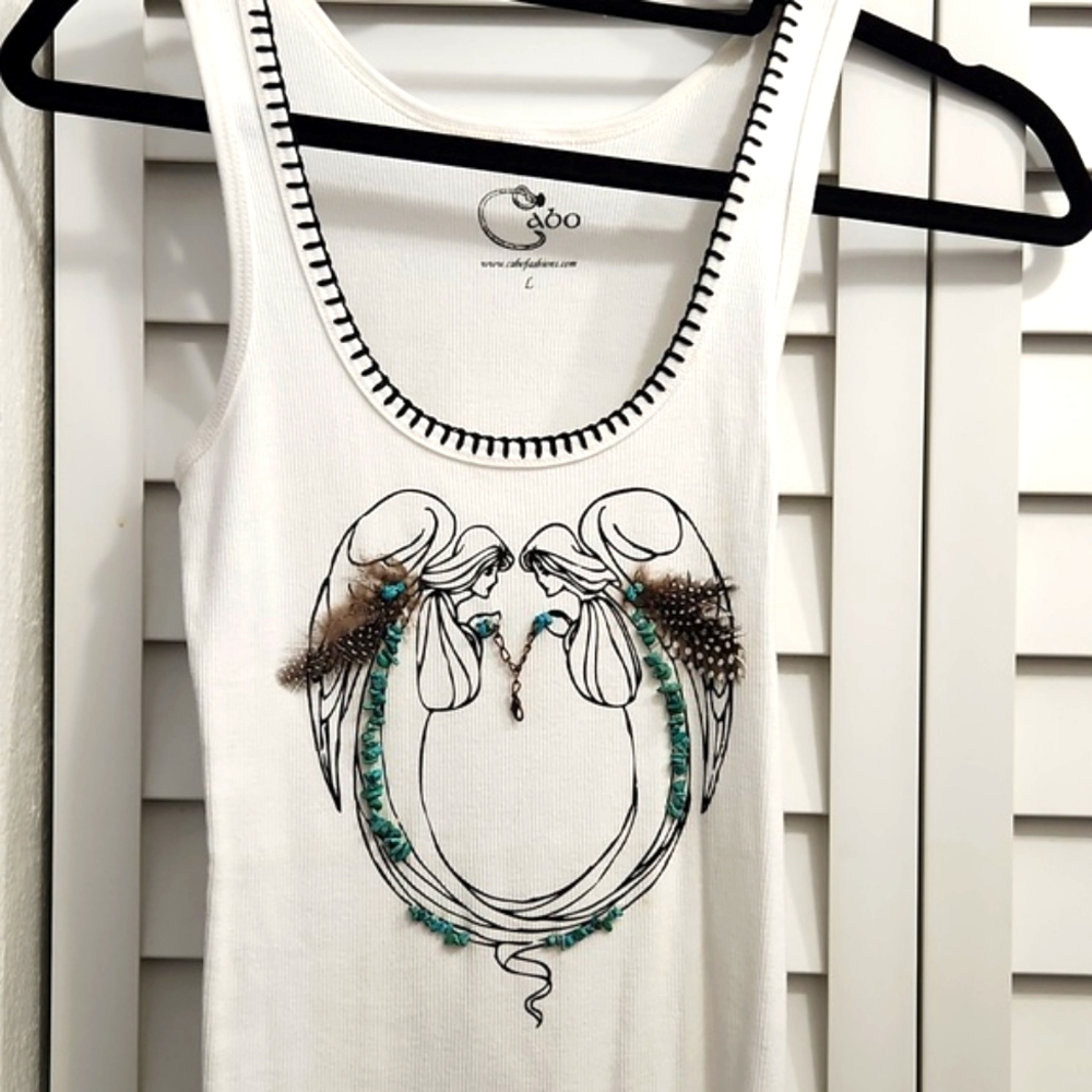 Tank top Mystical Blue Turquoise with Feathers Top